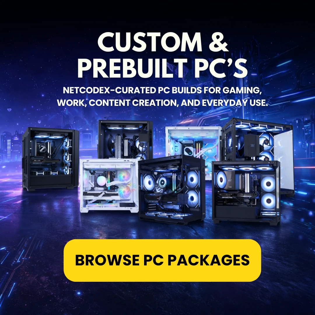 Custom PC packages and prebuilt PCs available at Netcodex
