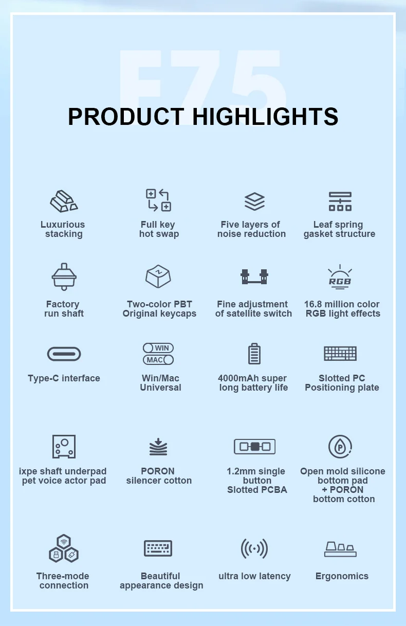 AULA F75 Tri-Mode Gasket Mechanical Wireless 75% Gaming Keyboard 80-Key RGB Tri-Mode Bluetooth 2.4G | 7 Colors | 2 Contour Series