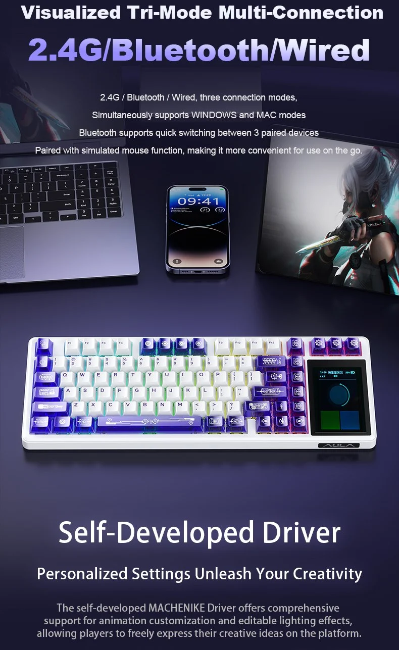 AULA L99 Smart-Screen Mechanical Keyboard 75% RGB 84-Key 3.98" IPS Touchscreen Tri-Mode Wireless Hot-Swappable 8000mAh