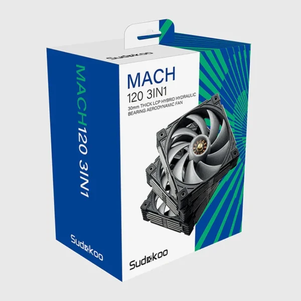 SUDOKOO MACH120 3IN1 120mm 30mm-Thick High Performance Fan Pack - 3000 RPM - LCP Blades - R-MACH120-GYWPN3-GAS