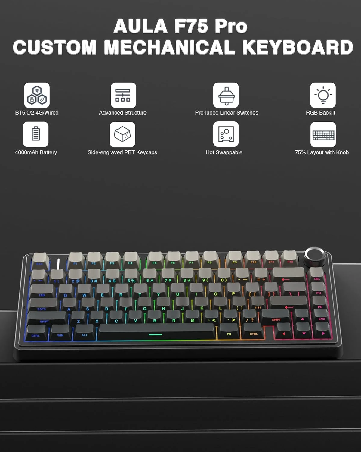 AULA F75 Pro 75% Tri-Mode Wireless Mechanical Gaming Keyboard Gradient Black Side-Printed PBT LEOBOG Reaper Switch 4000Mah Battery