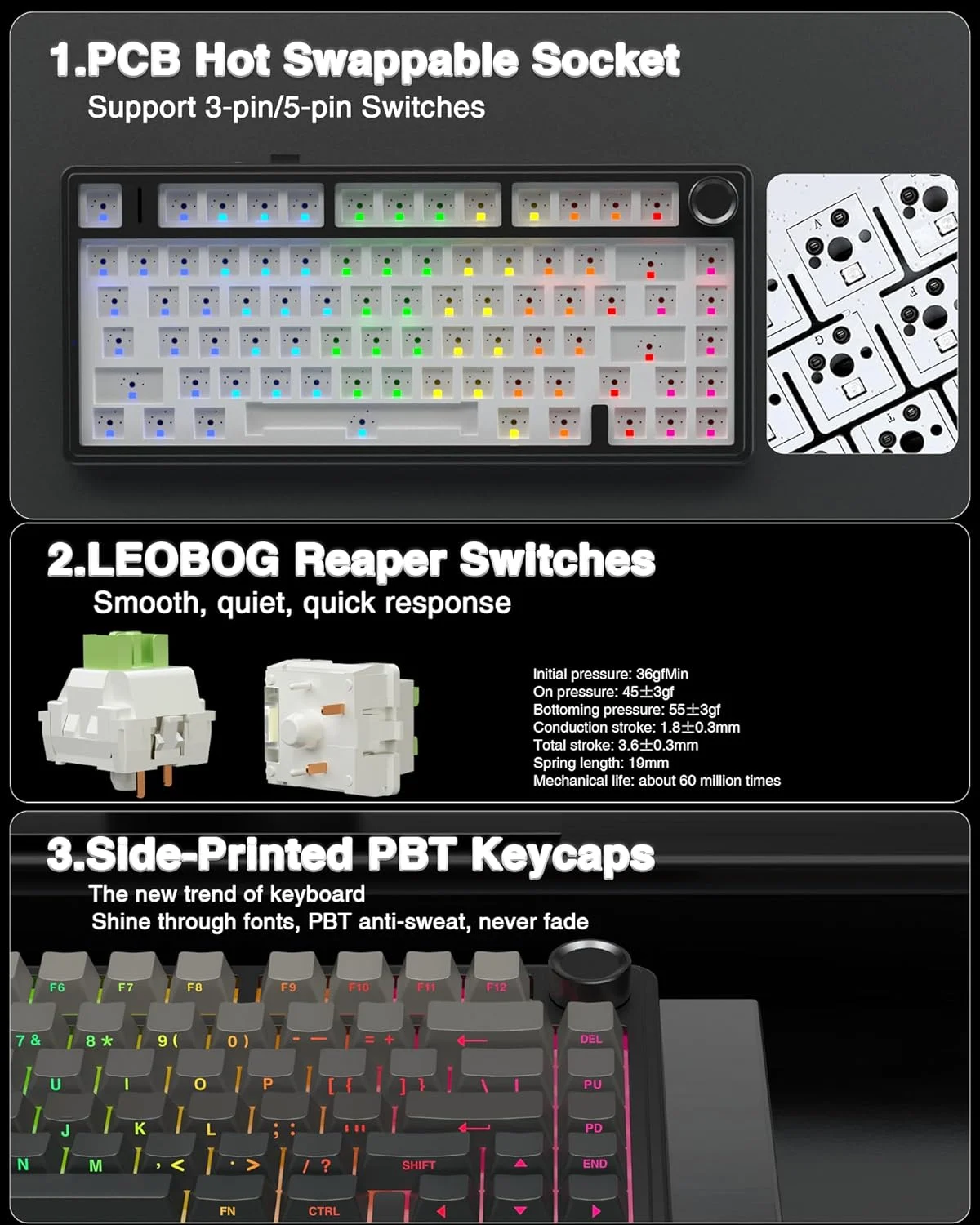 AULA F75 Pro 75% Tri-Mode Wireless Mechanical Gaming Keyboard Gradient Black Side-Printed PBT LEOBOG Reaper Switch 4000Mah Battery