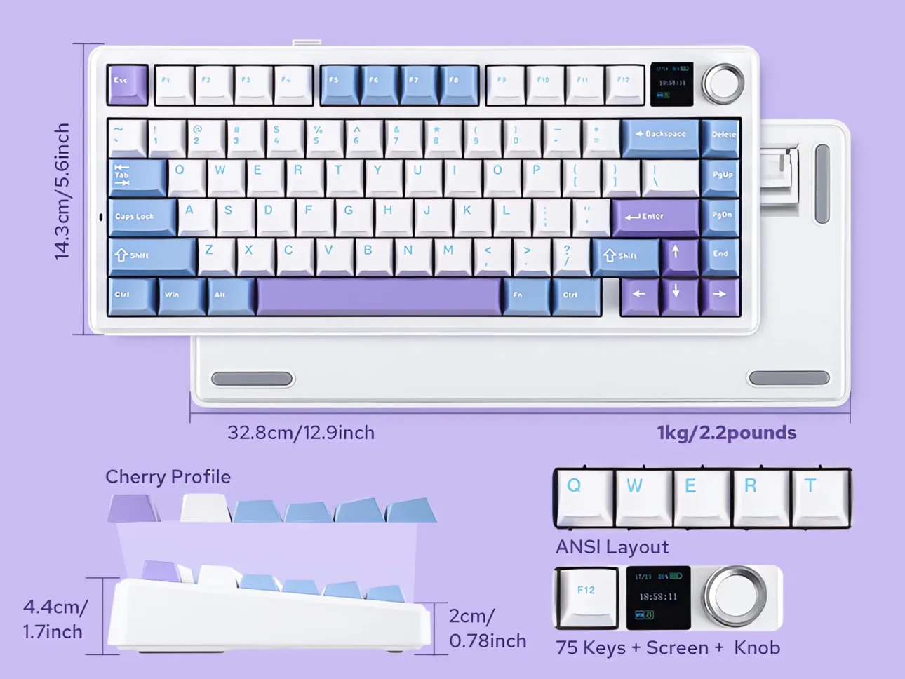 AULA F75 MAX 75% Tri-Mode Wireless Gasket Mechanical Keyboard TFT Screen Metal Knob Reaper Linear 4000mAh - Gradient Gray