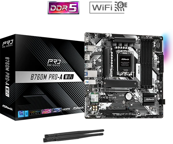 ASRock B760M Pro-A WiFi - Micro ATX, LGA1700, DDR5, PCIe 5.0, 2.5G LAN, Wi-Fi 6E - ASROCK B760M PRO-A WIFI