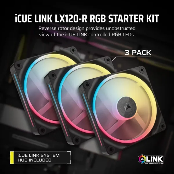 CORSAIR iCUE LINK LX120-R RGB 120mm PWM Reverse Fans Starter Kit Triple Pack Magnetic Dome - CO-9051050-WW