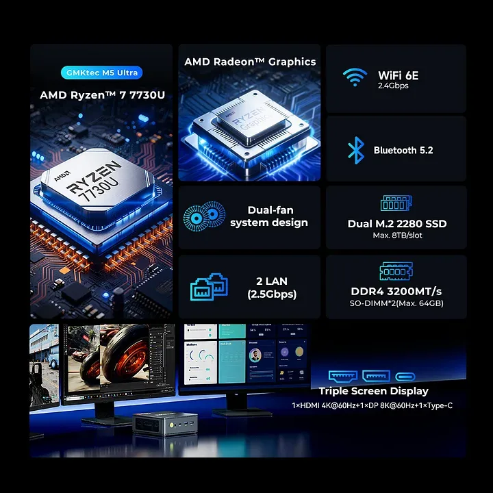 GMKtec NucBox M5 Ultra Mini PC AMD Ryzen 7 7730U 16GB RAM 512GB SSD Dual 2.5G LAN - GMKtec Nucbox M5 Ultra