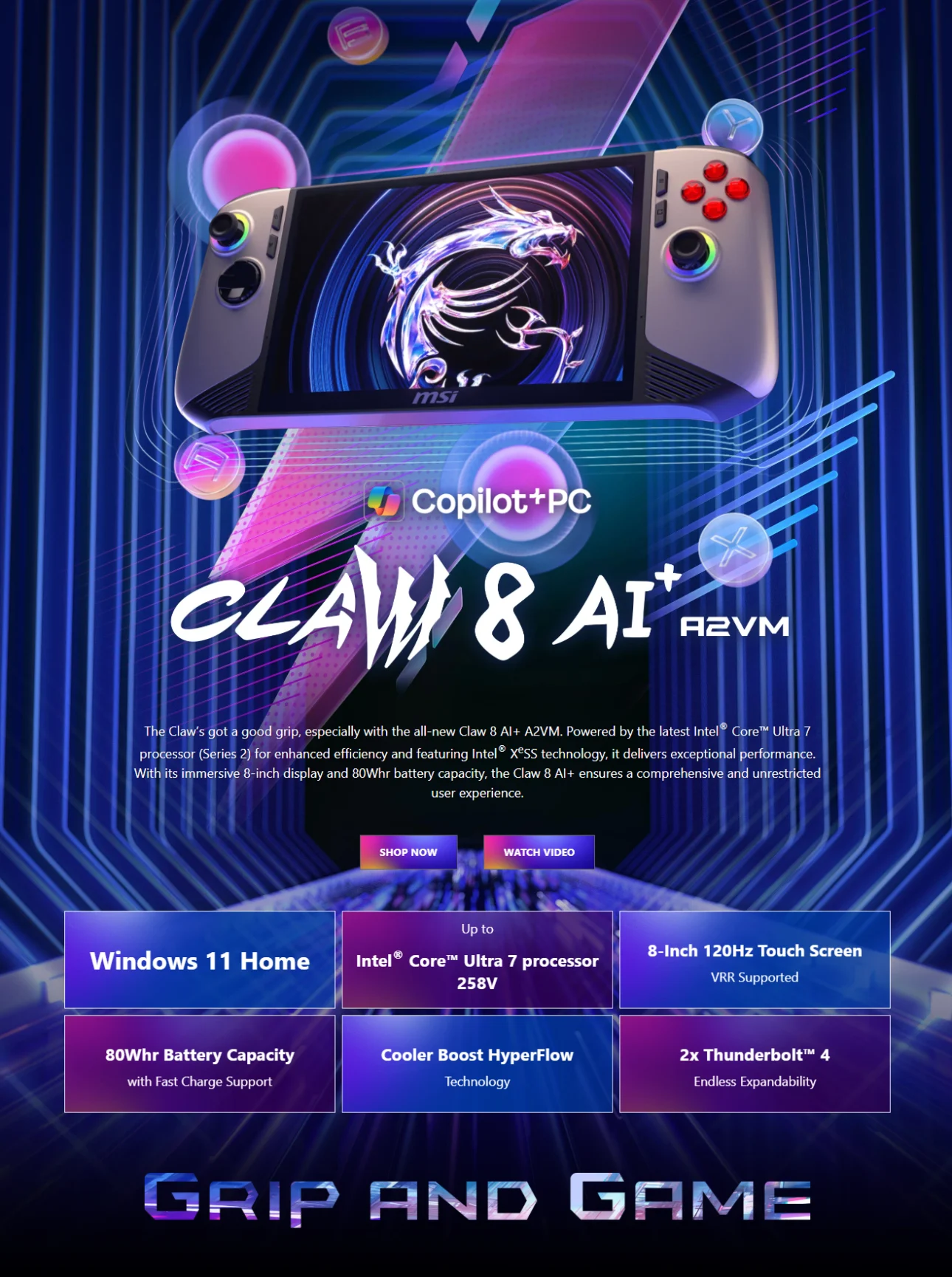 MSI Claw 8 AI+ A2VM 8" FHD+ 120Hz VRR Intel Core Ultra 7 32GB LPDDR5x Windows 11 Gaming Handheld - CLAW 8 AI+ A2VM-019PH