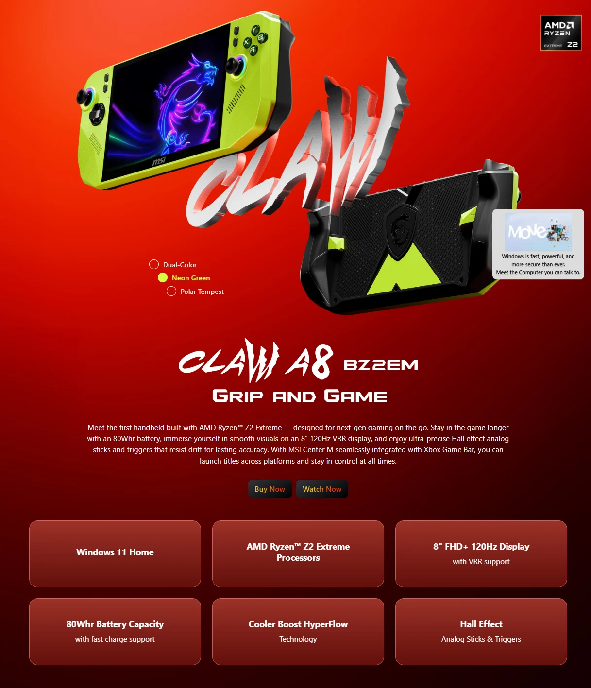 MSI Claw A8 8" FHD+ 120Hz VRR Ryzen Z2 Extreme 24GB LPDDR5x Radeon 890M - BZ2EM-022PH / BZ2EM-023PH