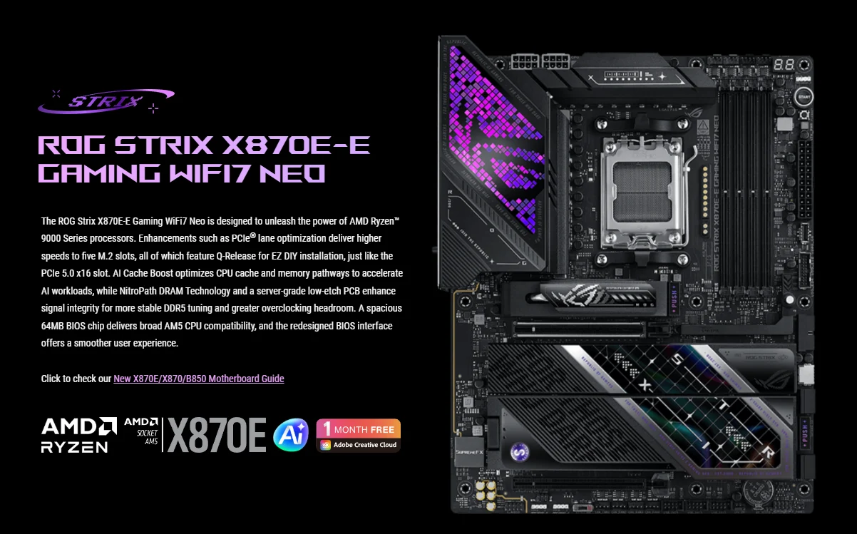 ASUS ROG Strix X870E-E Gaming WiFi7 Neo ATX AM5 DDR5 USB4 PCIe 5.0 Motherboard - ROG STRIX X870E-E GAMING NEO