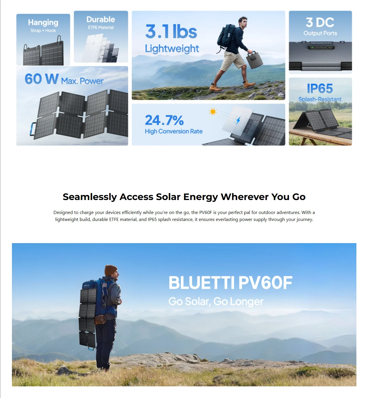 BLUETTI SORA 60 Foldable 60W Monocrystalline Portable Solar Panel - P-SORA60-UG-BK-LS-10