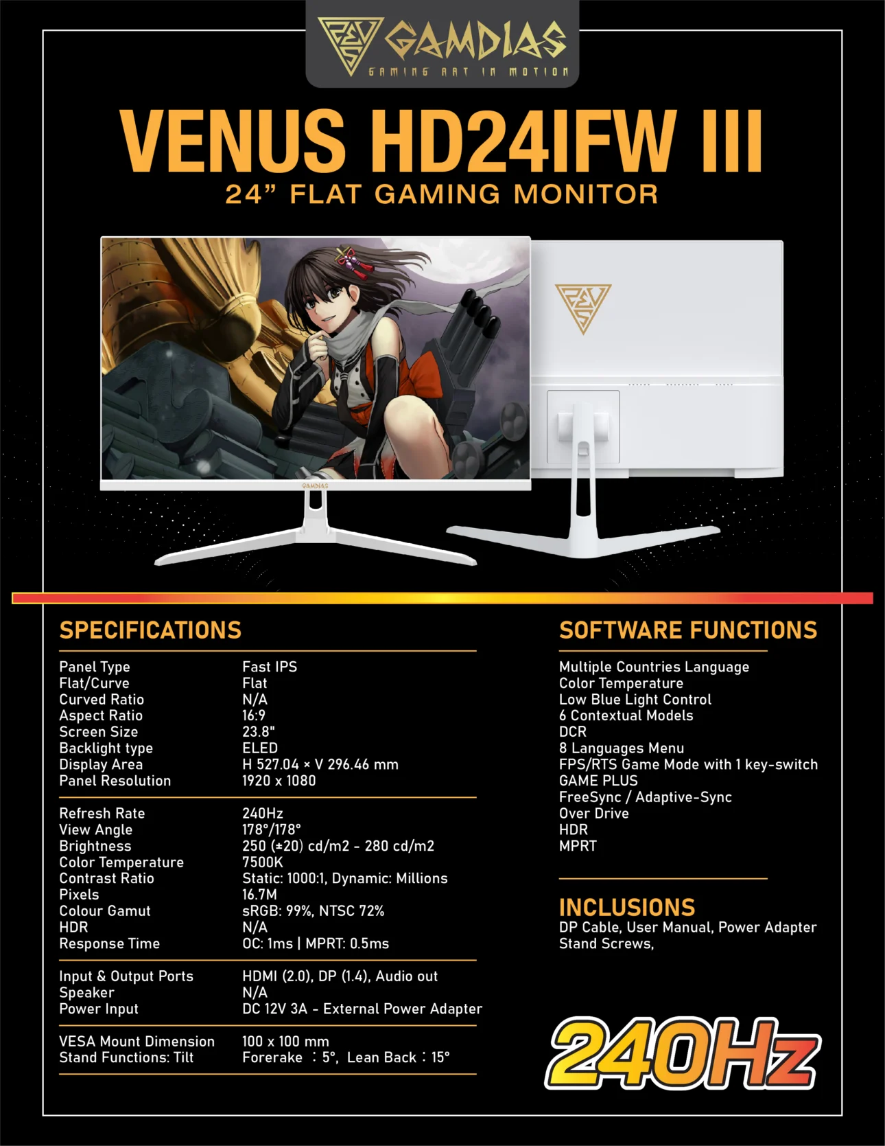 GAMDIAS Venus 24" Fast IPS FHD 240Hz 0.5ms FreeSync White Gaming Monitor - Gamdias HD24IFW III