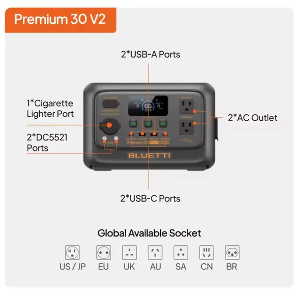 BLUETTI Premium 30 V2 320Wh 600W LiFePO4 Portable Power Station - P-PR30V2-PH-GY-20