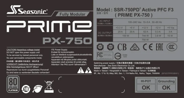 SEASONIC Prime Platinum 750W 80 Plus Fully Modular ATX Power Supply - SSR-750PD