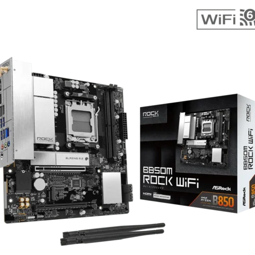 ASROCK B850M Rock WiFi - AMD AM5, DDR5 8200+, PCIe 5.0, WiFi 6E Micro-ATX Motherboard - ASROCK B850M ROCK WIFI
