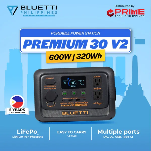 BLUETTI Premium 30 V2 320Wh 600W LiFePO4 Portable Power Station - P-PR30V2-PH-GY-20