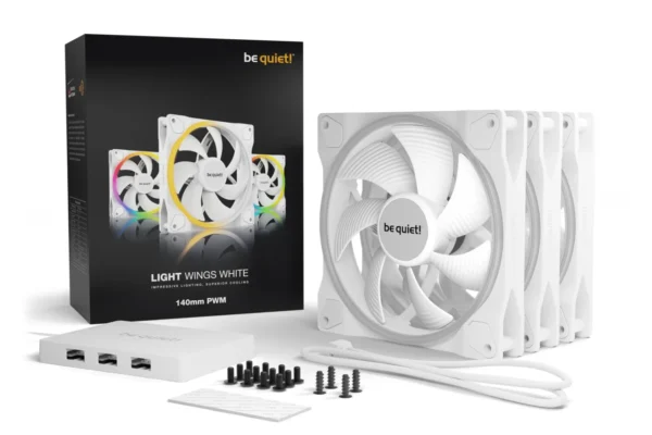 05_140_PWM Be Quiet! Light Wings White 140mm PWM Triple-Pack ARGB Case Fans with 20 ARGB LEDs and ARGB Hub - BL102