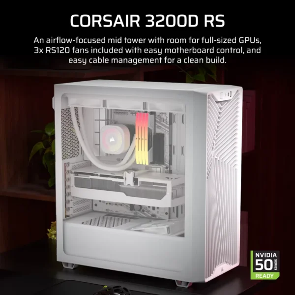 3200D_RS_White_Artboard02_AA CORSAIR 3200D RS White Mid-Tower ATX PC Case, Tempered Glass, Reverse-Connector Support, 3x RS120 Fans - CC-9011335-WW
