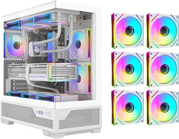 SAMA V43 White ATX Mid Tower Case 270° Panoramic Glass 6x 120mm ARGB PWM Fans - V43-WHADA6X1-GL