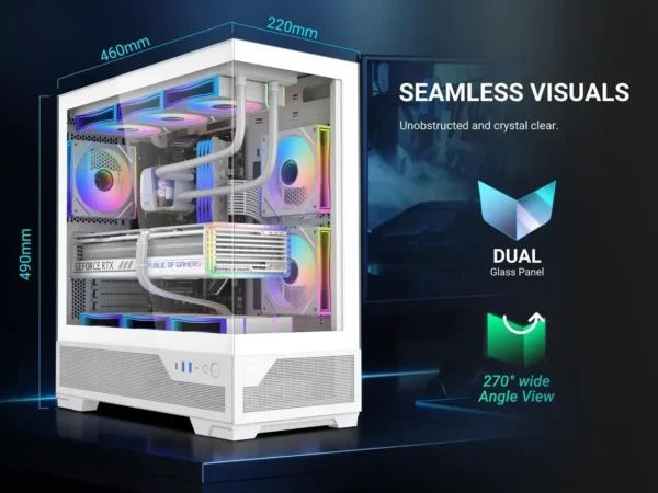 SAMA V43 White ATX Mid Tower Case 270° Panoramic Glass 6x 120mm ARGB PWM Fans - V43-WHADA6X1-GL