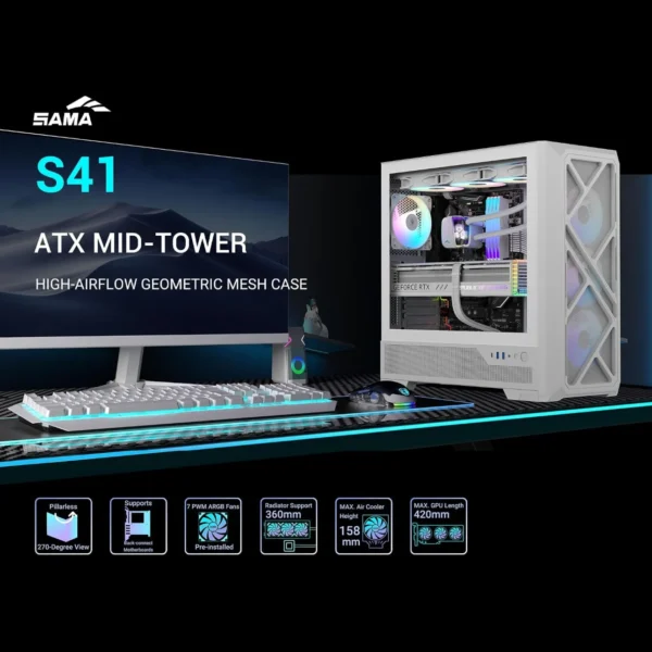 713BSDOTa4L._AC_SL1500_ SAMA S41 White ATX Mid Tower Gaming Case 12 Fan Support Tempered Glass 4x ARGB Fans - S41-WHAMA4X1-GL