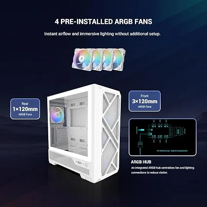 71kJ07J+kVL._AC_SX425_ SAMA S41 White ATX Mid Tower Gaming Case 12 Fan Support Tempered Glass 4x ARGB Fans - S41-WHAMA4X1-GL