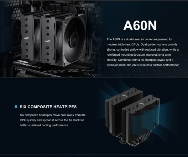sama-a60n-a60-bkwnyxox-g-black (8) SAMA A60N Dual Tower CPU Air Cooler 260W TDP 6 Heatpipes Dual 120mm PWM Fans Black - A60-BKWNYXOX-G