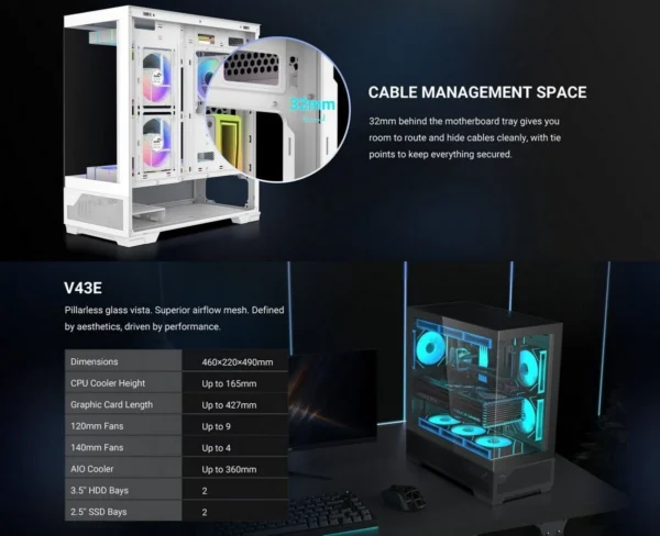 sama-v43e-bez-bp-v43e-bkada0x1-gl-black (13) SAMA V43E Black ATX Mid Tower Case 270° Panoramic Glass Vertical Airflow USB Type-C - V43E-BKADA0X1-GL