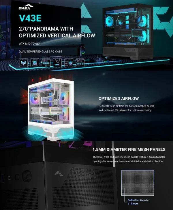 sama-v43e-bez-bp-v43e-bkada0x1-gl-black (8) SAMA V43E Black ATX Mid Tower Case 270° Panoramic Glass Vertical Airflow USB Type-C - V43E-BKADA0X1-GL