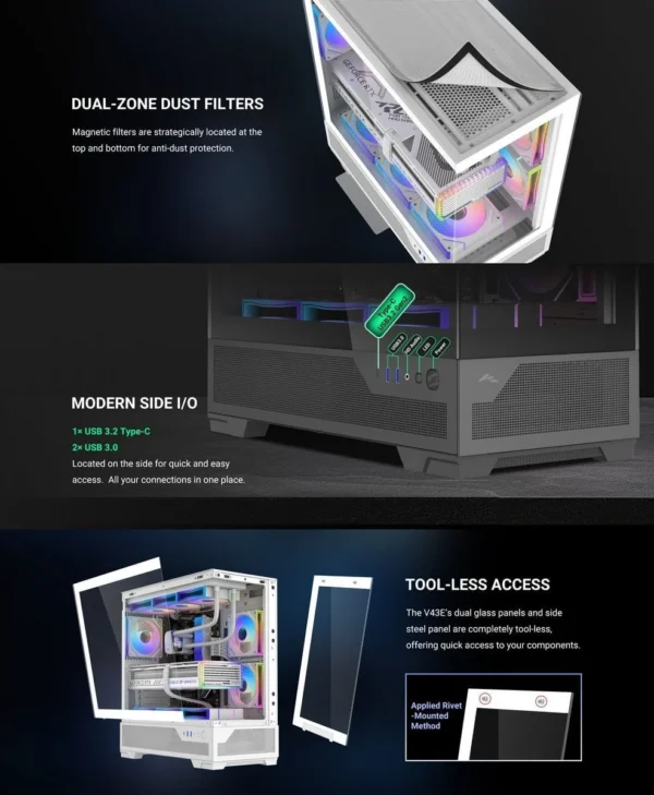 sama-v43e-bez-bp-v43e-bkada0x1-gl-black (9) SAMA V43E Black ATX Mid Tower Case 270° Panoramic Glass Vertical Airflow USB Type-C - V43E-BKADA0X1-GL