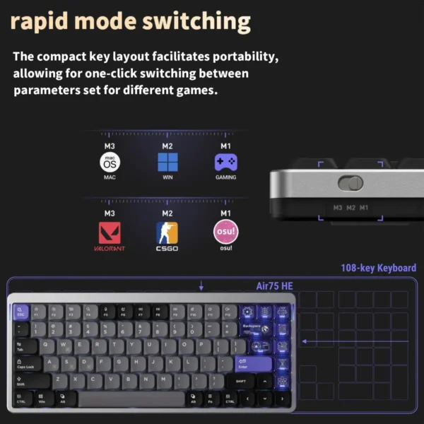 NuPhy Air75 HE 84-Key Low-Profile Magnetic Switch Wired Gaming Keyboard Space Silver - Air75 HE(Silver/Magnetic Jade)
