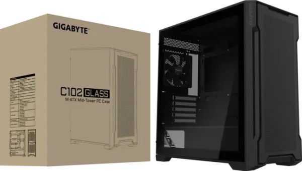 670 (7) GIGABYTE C102 GLASS Black Mid Tower PC Case - Micro ATX, 4mm Tempered Glass, 360mm Radiator Support - GP-C102G