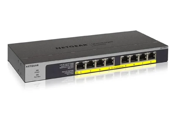 GS108LP_productcarousel_hero_image_tcm148-100402 NETGEAR 8-Port Gigabit Ethernet PoE+ Unmanaged Switch with FlexPoE 60W Power Budget and RJ-45 Ports - GS108LP-100AJS