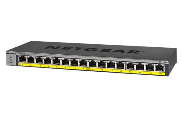 GS116PP_6Feb18_left NETGEAR 16-Port Gigabit PoE+ Unmanaged Ethernet Switch - 183W Total Power Budget - Desktop/Rackmount - GS116PP-100AJS
