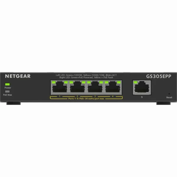 NETGEAR - 5-Port Gigabit Ethernet Plus Switch - 4x PoE+ 120W Total Power Budget - 10Gbps Fabric - GS305EPP-100NAS