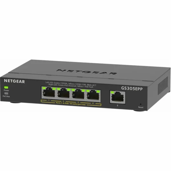 NETGEAR - 5-Port Gigabit Ethernet Plus Switch - 4x PoE+ 120W Total Power Budget - 10Gbps Fabric - GS305EPP-100NAS