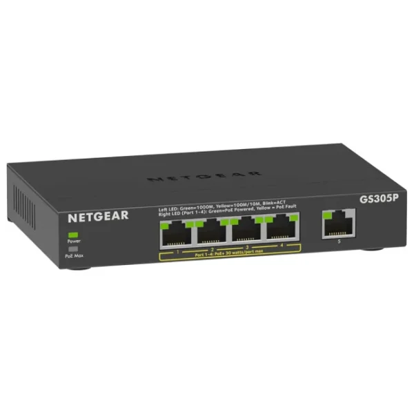 4a41fde0e1f136352c1c433c578d1da8 NETGEAR 5-Port Gigabit Unmanaged Ethernet Switch with 4-Port PoE+ - Black - GS305P-200UKS
