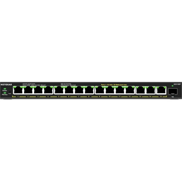 NETGEAR - 16-Port Gigabit Easy Smart Managed Plus Switch - 180W PoE Budget - Layer 3 Supported - GS316EP-100NAS