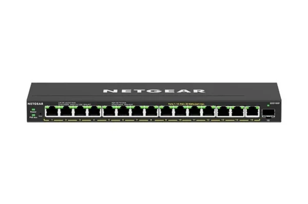 NETGEAR - 16-Port Gigabit Plus Switch with 15 PoE+ Ports (180W), SFP Uplink & VLAN Management - GS316EP-100PES