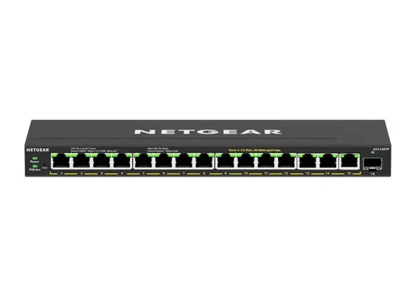 NETGEAR - 16-Port Gigabit Plus Switch with 15 PoE+ Ports 231W Power Budget and 1 SFP Uplink - GS316EPP-100PES