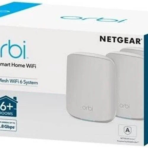 NETGEAR - Orbi AX1800 Dual-Band WiFi 6 Mesh System, Router + 2 Satellites, 1.8Gbps Coverage - RBK353-100EUS