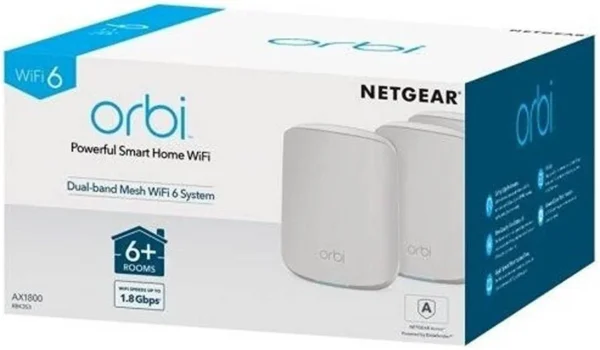 NETGEAR - Orbi AX1800 Dual-Band WiFi 6 Mesh System, Router + 2 Satellites, 1.8Gbps Coverage - RBK353-100EUS