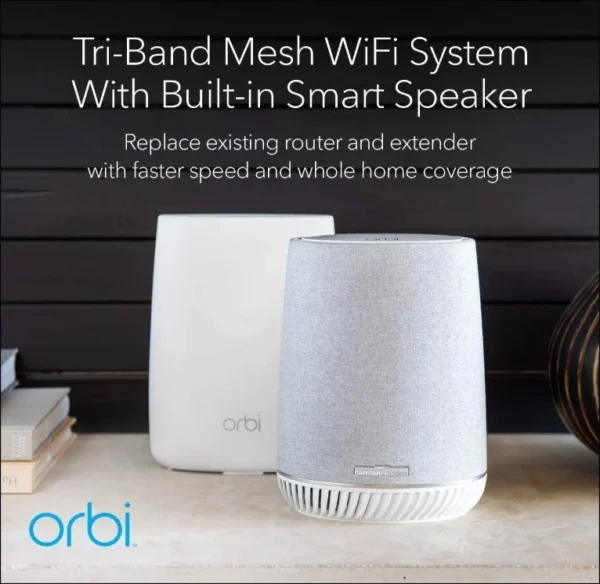 a212e8f67223d2e72f3df5256f20018b-hi NETGEAR Orbi AC3000 Tri-Band Mesh WiFi System with Harman Kardon Voice Smart Speaker - RBK50V-100EUS