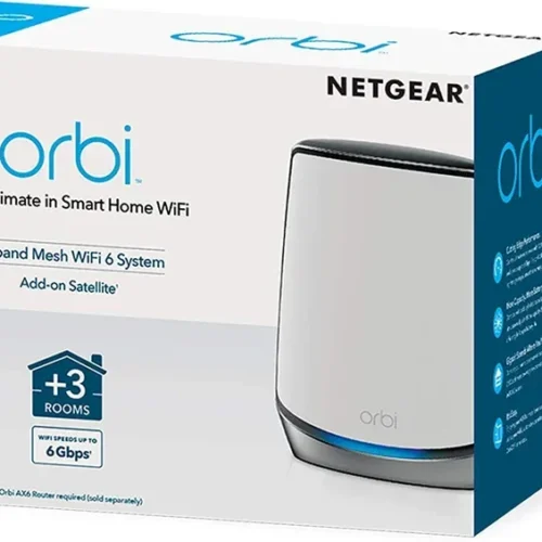 NETGEAR - Orbi AX6000 Tri-Band WiFi 6 Mesh Add-on Satellite, 6Gbps Speeds, 4 Gigabit Ports - RBS850-100EUS