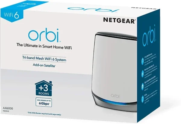 1_94c176f1-d4a5-4988-b690-07af899ef973 NETGEAR - Orbi AX6000 Tri-Band WiFi 6 Mesh Add-on Satellite, 6Gbps Speeds, 4 Gigabit Ports - RBS850-100EUS