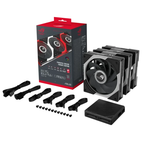 ASUS ROG Eurux GR120 120mm ARGB Reverse Fan Black Triple Pack - ROG EURUX GR120 FAN ARGB REVERSE BLACK 3IN1