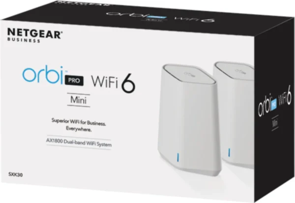 b33aac735a5d46928c658418d0540109 NETGEAR - Orbi Pro WiFi 6 Mini AX1800 Dual-Band Mesh System - Router & Satellite with 4 SSIDs & VLANs - SXK30-100EUS