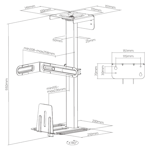 63914f2b327ffa00021c3c0b BRATECK Under Desk CPU Mount 30kg Capacity 360-Degree Swivel - Brateck-CPB-25 Black
