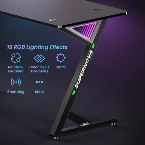 66f22f7aaa0c5715e8d0a832 BRATECK InfinityGlow Large Surface Gaming Desk with RGB Lighting - 1360x600mm, Z-Shaped, Black - Brateck-GMD14-2 Black