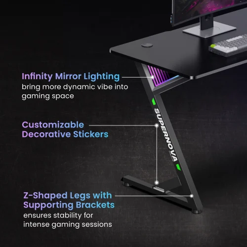 66f22f7caa0c5715e8d0a834 BRATECK InfinityGlow Large Surface Gaming Desk with RGB Lighting - 1360x600mm, Z-Shaped, Black - Brateck-GMD14-2 Black