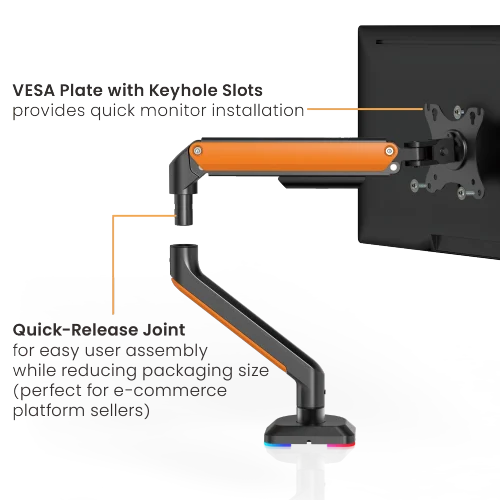 BRATECK Elemental Gaming Monitor Arm with RGB Lighting - Fits 17"-32" Flat/Curved Monitors, Matte Black & Orange - Brateck-LDT63-C012GL Orange